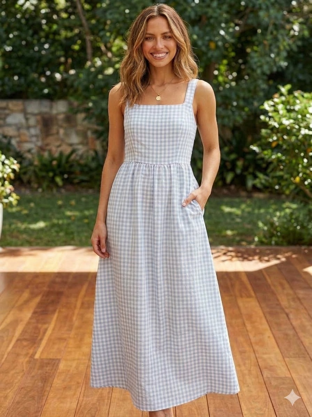 PRETTYGARDEN Summer Sz Small Spaghetti Strap Maxi Gingham Square Neck Sundress